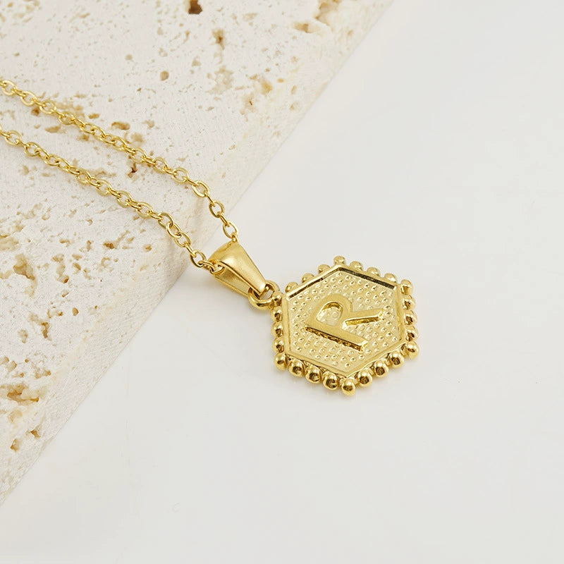 18K Gold PVD Stainless Steel Hexagon Letter Initial Pendant Necklace / KN1035