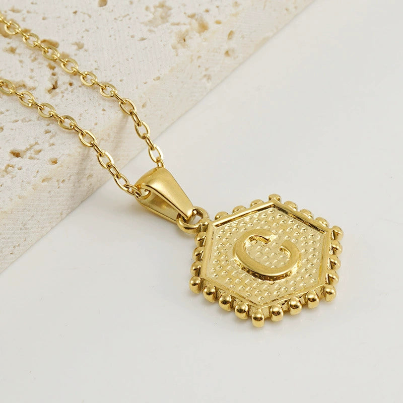 18K Gold PVD Stainless Steel Hexagon Letter Initial Pendant Necklace / KN1035