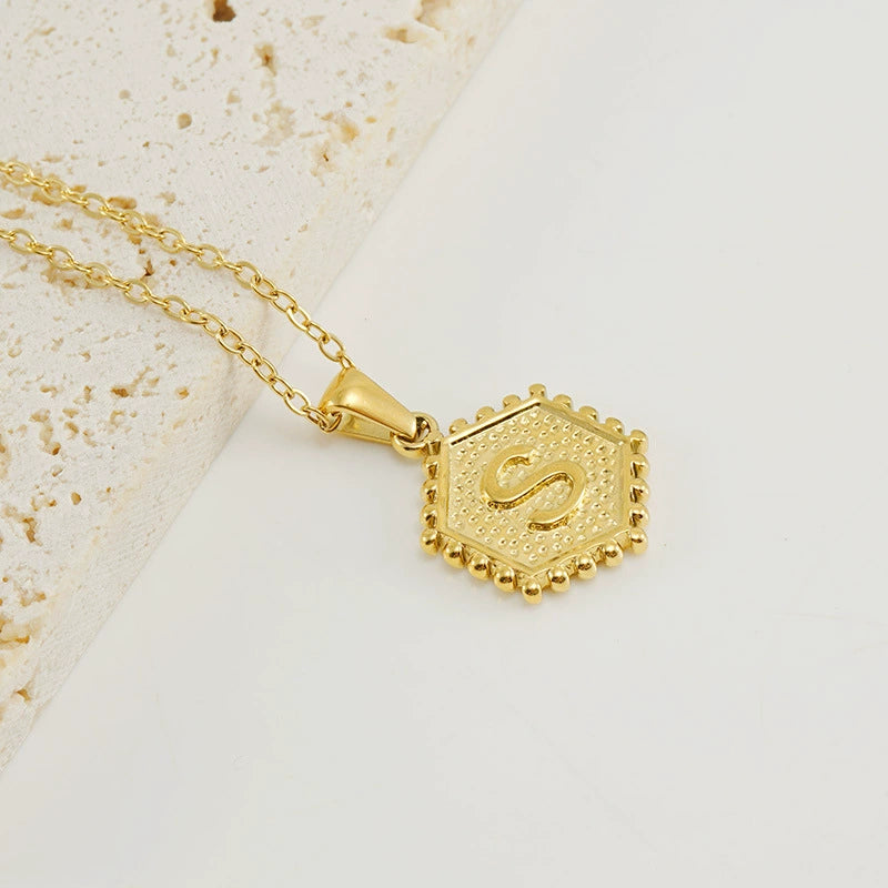 18K Gold PVD Stainless Steel Hexagon Letter Initial Pendant Necklace / KN1035