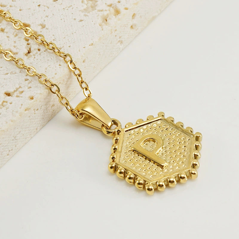 18K Gold PVD Stainless Steel Hexagon Letter Initial Pendant Necklace / KN1035