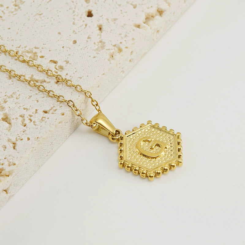 18K Gold PVD Stainless Steel Hexagon Letter Initial Pendant Necklace / KN1035