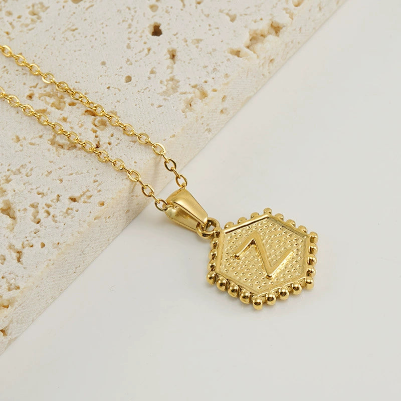 18K Gold PVD Stainless Steel Hexagon Letter Initial Pendant Necklace / KN1035