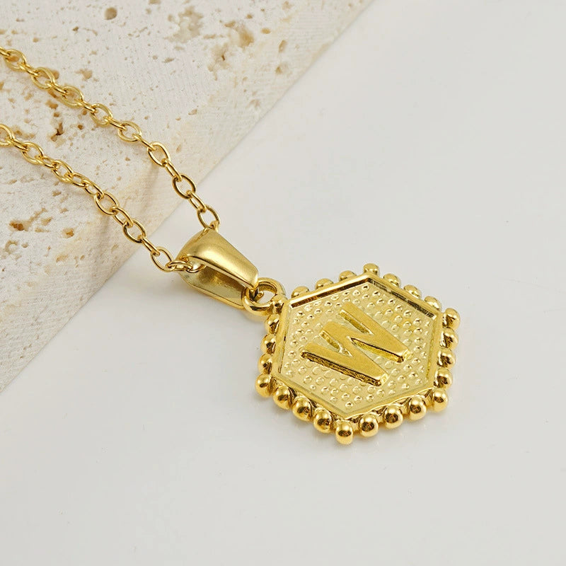 18K Gold PVD Stainless Steel Hexagon Letter Initial Pendant Necklace / KN1035