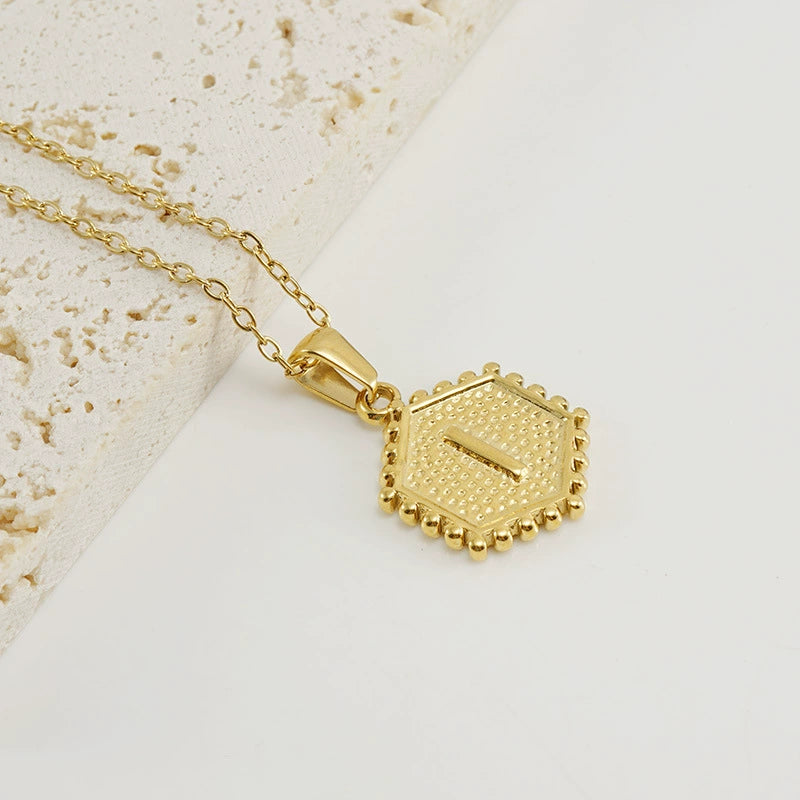 18K Gold PVD Stainless Steel Hexagon Letter Initial Pendant Necklace / KN1035