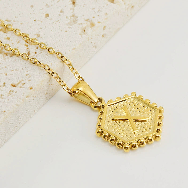 18K Gold PVD Stainless Steel Hexagon Letter Initial Pendant Necklace / KN1035