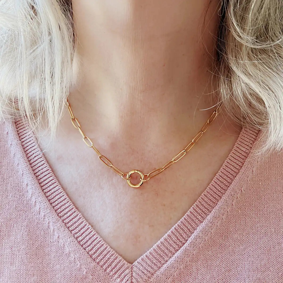 18K Gold PVD Stainless Steel Paperclip Charm Keeper Necklace / 25004037