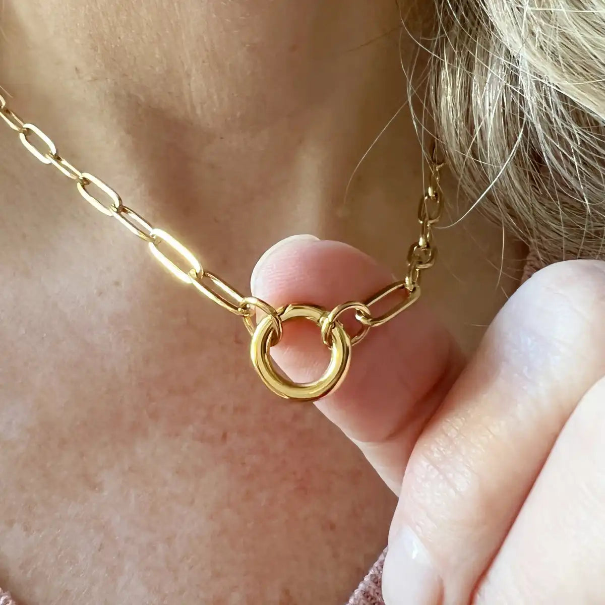 18K Gold PVD Stainless Steel Paperclip Charm Keeper Necklace / 25004037