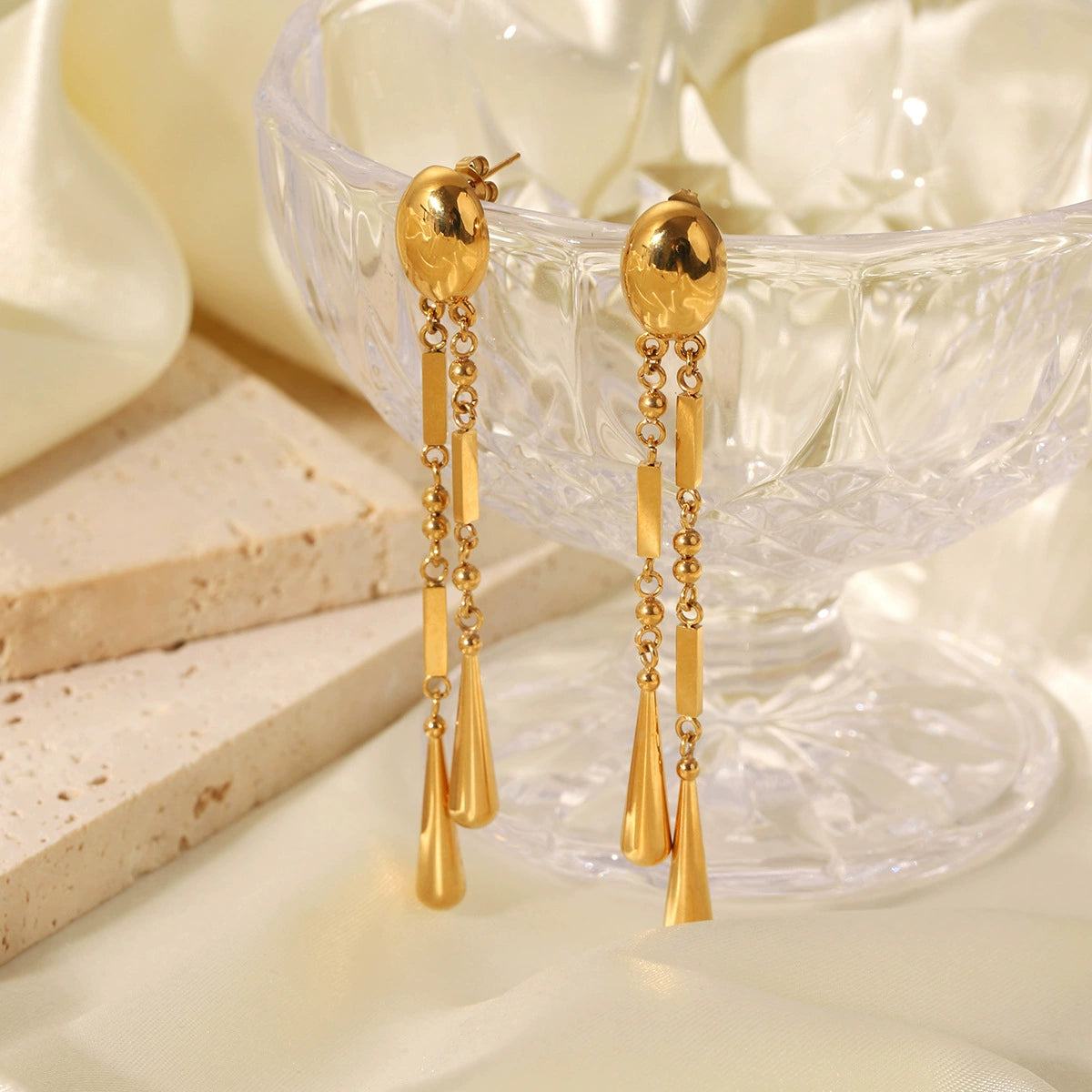 18K Gold PVD Stainless Steel Square Water Drop Dangle Earring / KE0021