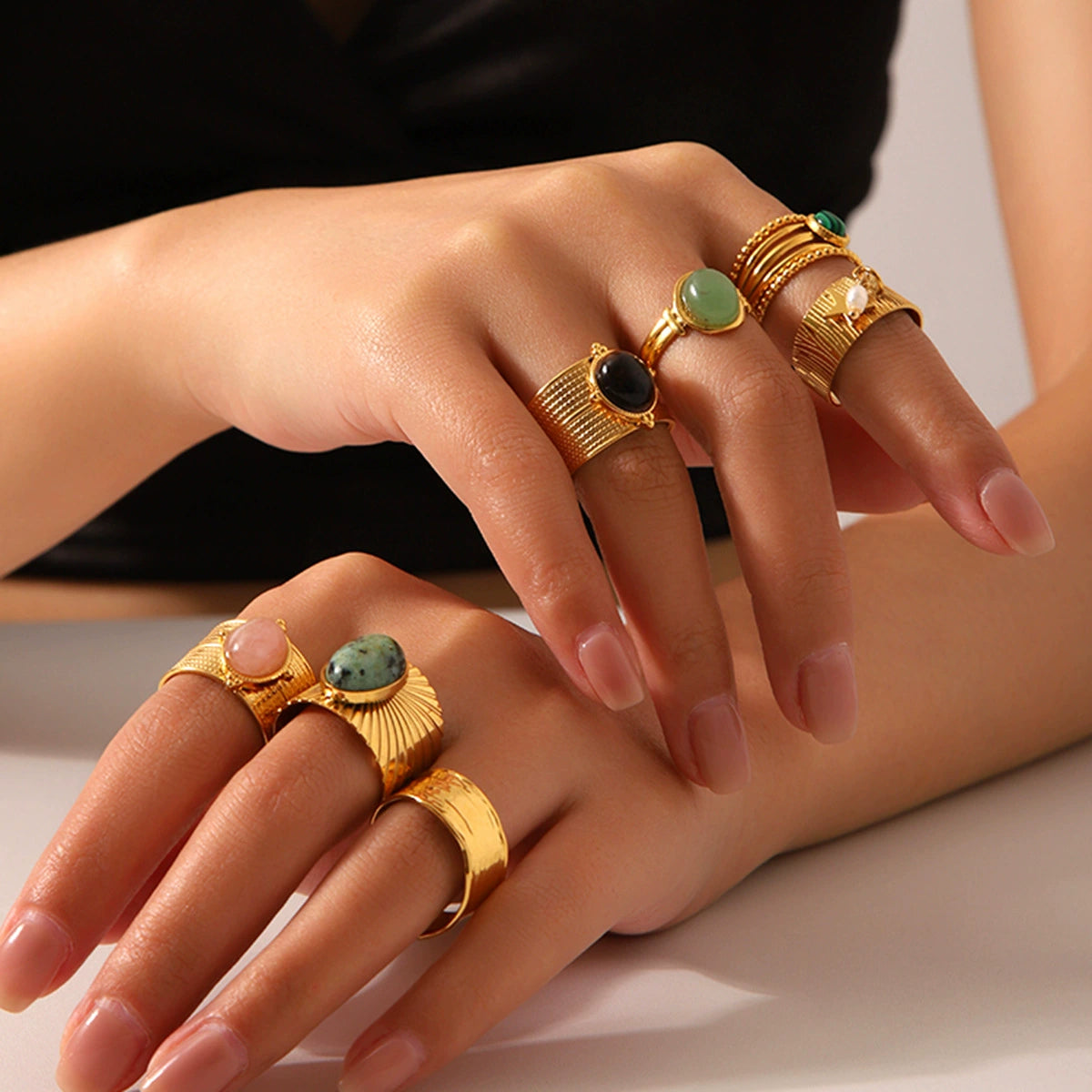 18K Gold PVD Stainless Steel Vintage Natural Stone Ring / KR0009