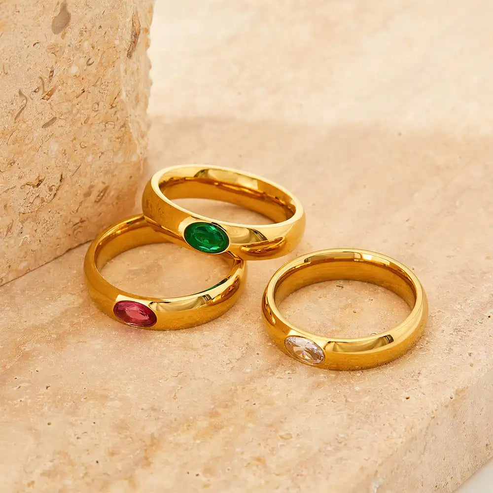 18K Gold PVD Vintage Titanium steel Zircon Inlay ring / 25204013