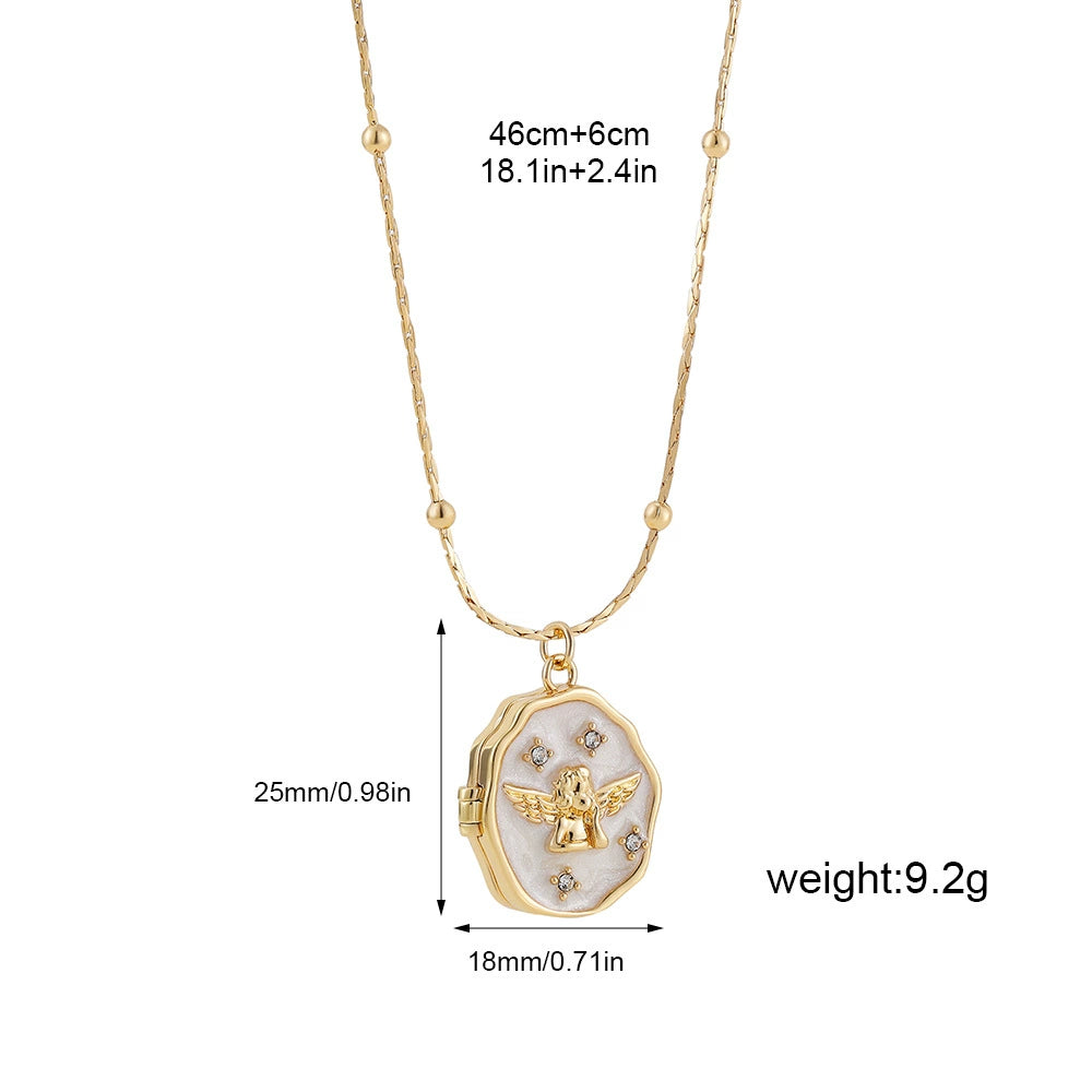 Copper Rhinestone Inlay Shell Angel Album Pendant Locket Necklace / KN5008