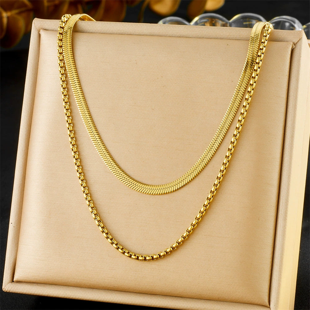 18K Gold Plated Hip-Hop Double Layer Rounded Box Chain Necklace / KN0006