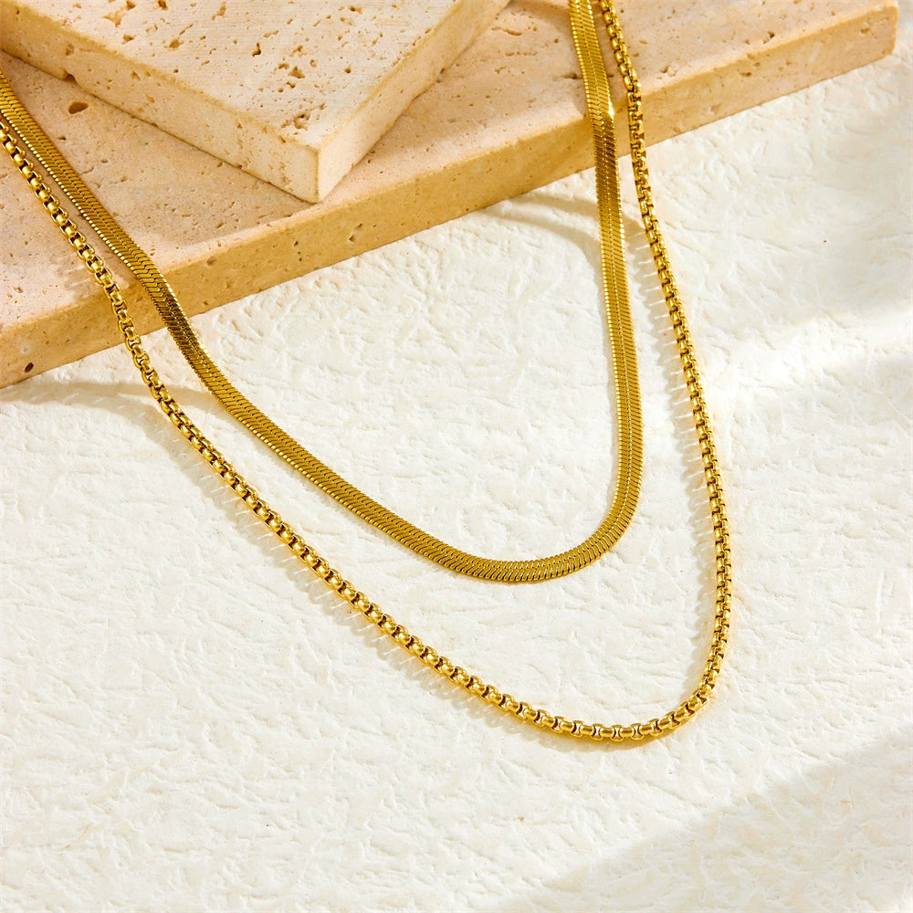 18K Gold Plated Hip-Hop Double Layer Rounded Box Chain Necklace / KN0006