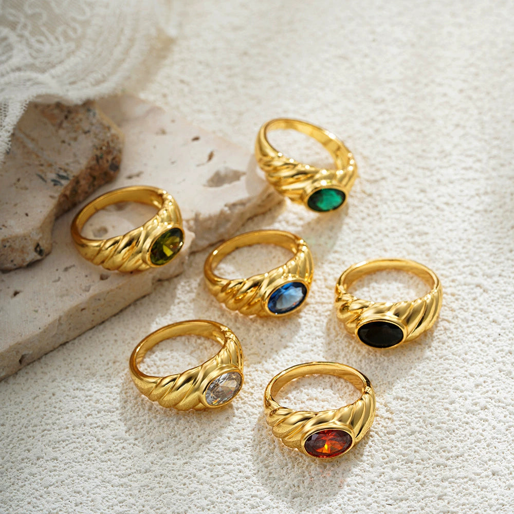 18K Gold Plated Oval Gemstone Solitaire Ring / KR0012