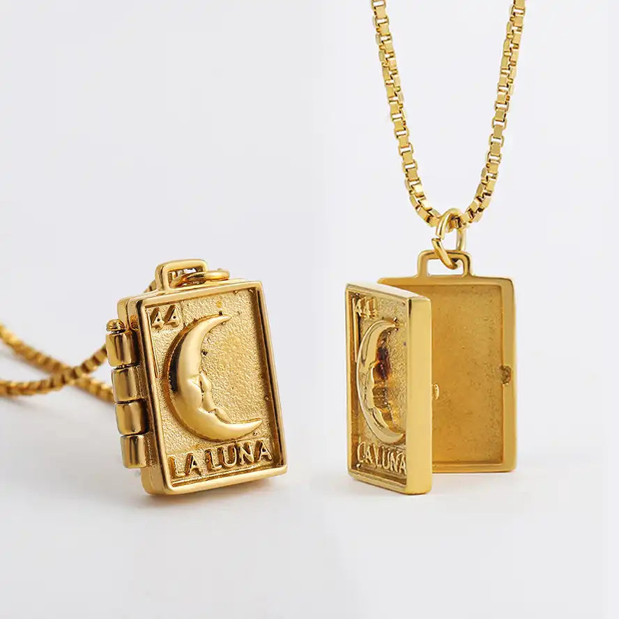 18K Gold Plated Stainless Steel Moon Album Pendant Locket Necklace / KN5001