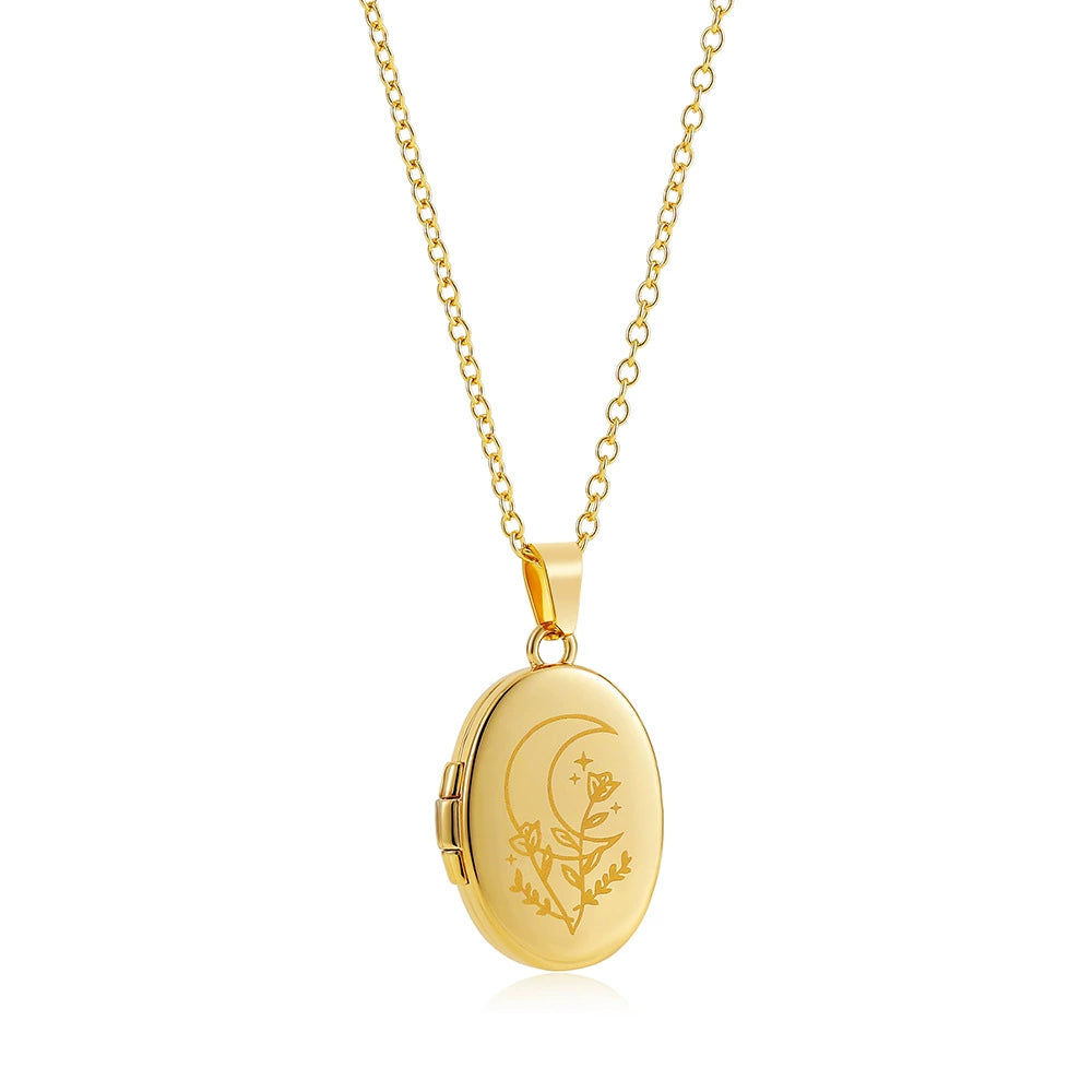 18K Gold Plated Stainless Steel Moon Album Pendant Locket Necklace / KN5003