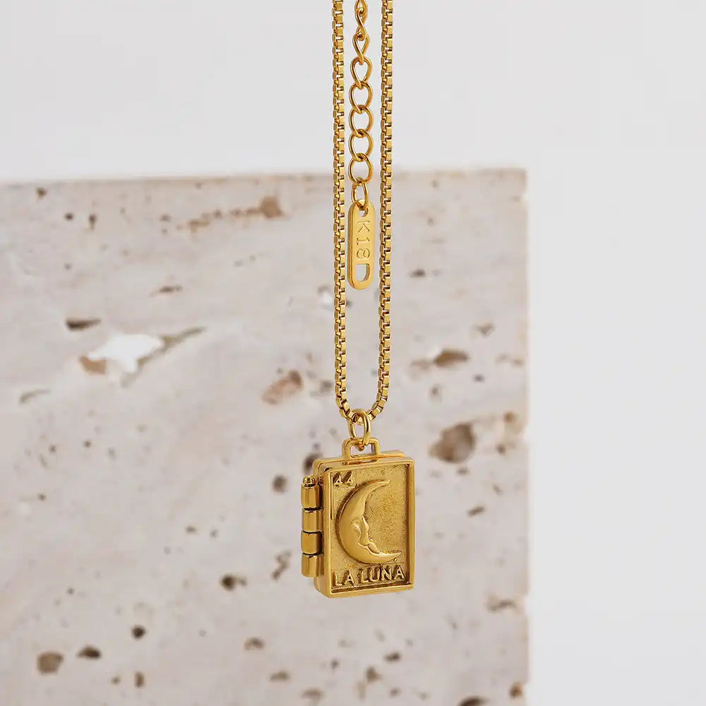 18K Gold Plated Stainless Steel Moon Album Pendant Locket Necklace / KN5001