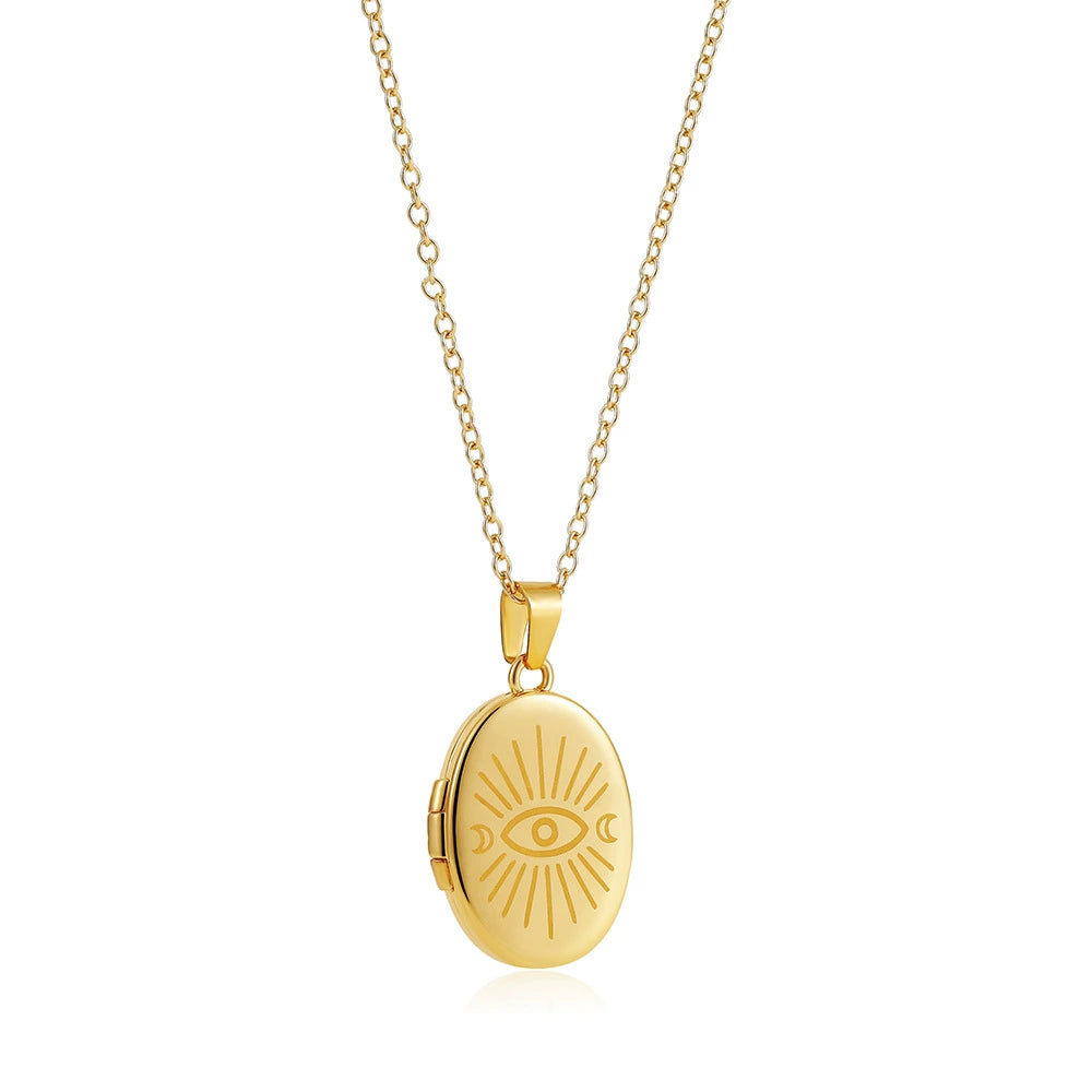 18K Gold Plated Stainless Steel Oval Eye Album Pendant Locket Necklace / KN5005