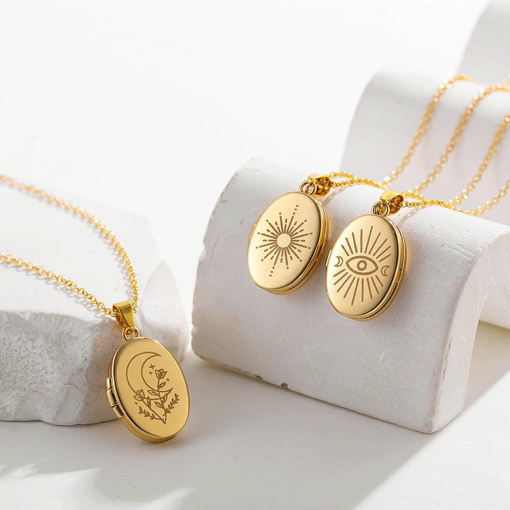 18K Gold Plated Stainless Steel Oval Eye Album Pendant Locket Necklace / KN5005