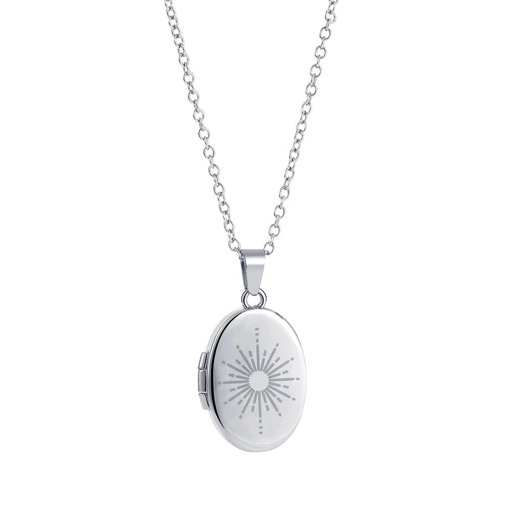 18K Gold Plated Stainless Steel Oval Sun Album Pendant Locket Necklace / KN5004
