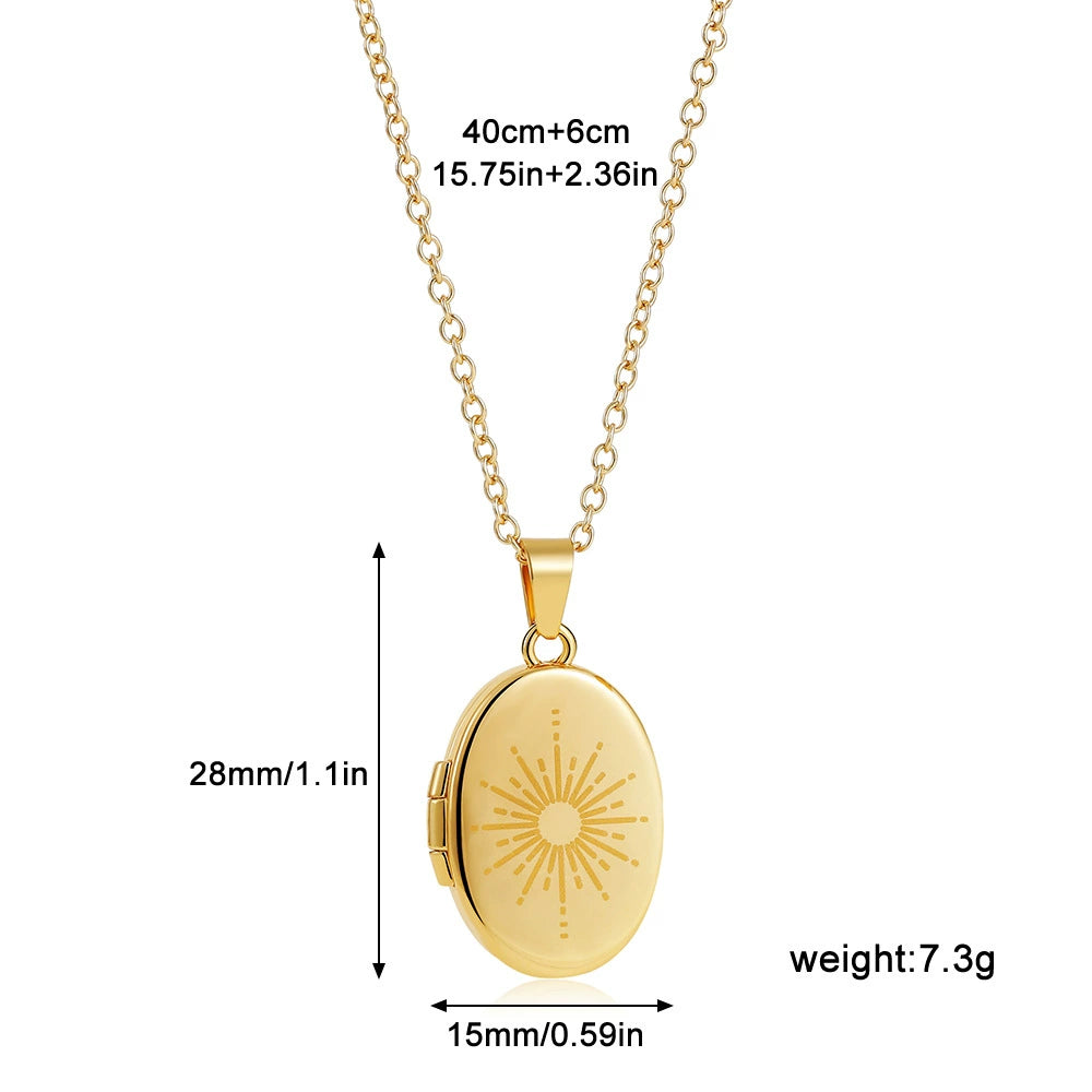 18K Gold Plated Stainless Steel Oval Sun Album Pendant Locket Necklace / KN5004