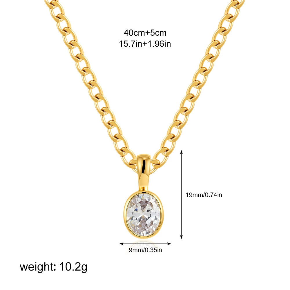 18K Gold Plated Stainless Steel Oval Zircon Inlay Pendant Necklace / KN1021