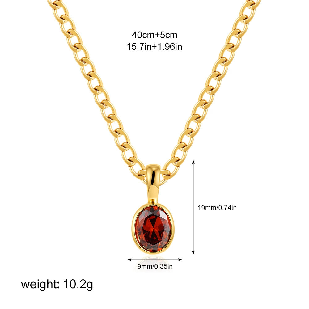 18K Gold Plated Stainless Steel Oval Zircon Inlay Pendant Necklace / KN1021