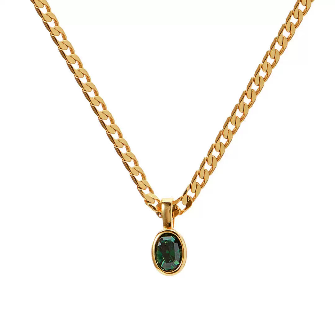 18K Gold Plated Stainless Steel Oval Zircon Inlay Pendant Necklace / KN1021