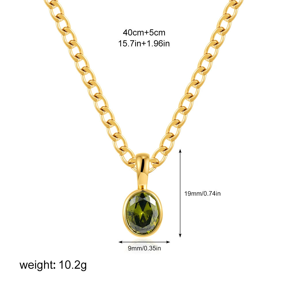 18K Gold Plated Stainless Steel Oval Zircon Inlay Pendant Necklace / KN1021