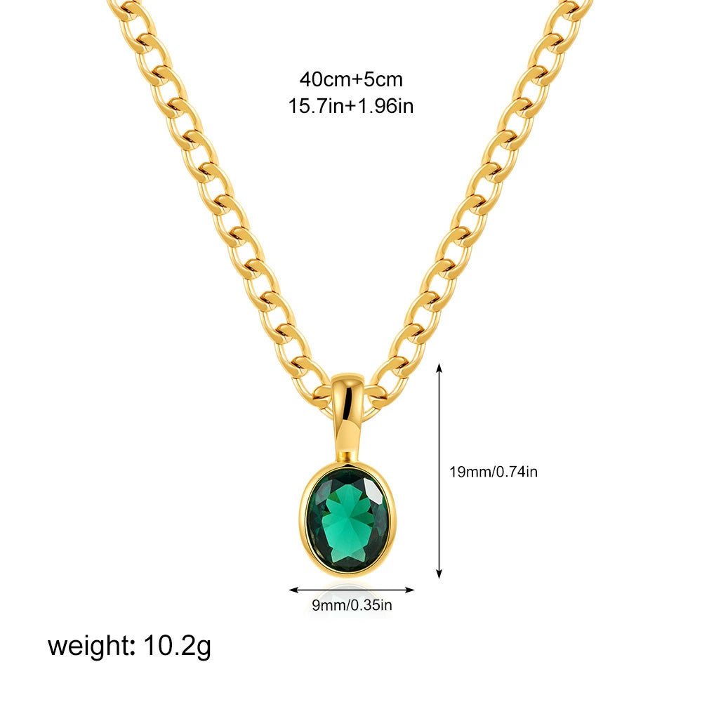 18K Gold Plated Stainless Steel Oval Zircon Inlay Pendant Necklace / KN1021