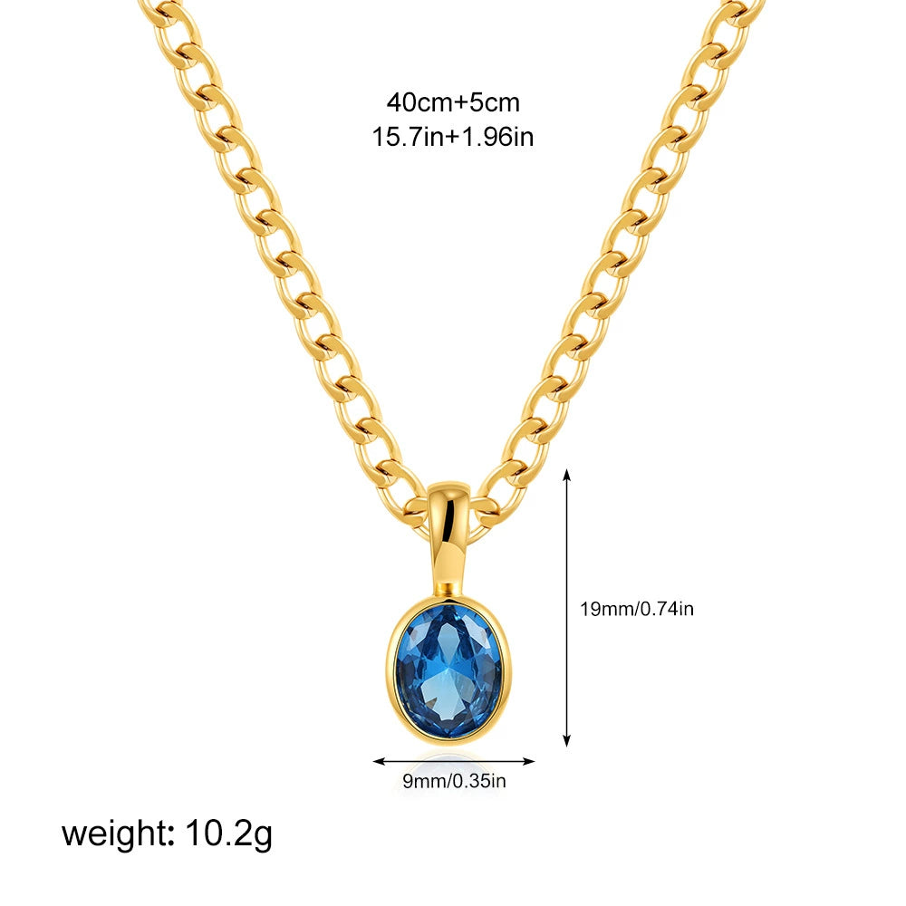18K Gold Plated Stainless Steel Oval Zircon Inlay Pendant Necklace / KN1021
