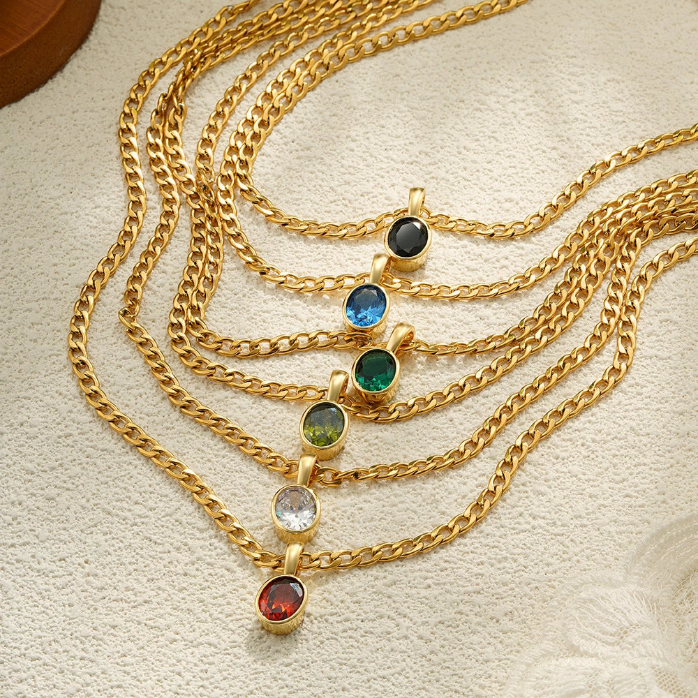 18K Gold Plated Stainless Steel Oval Zircon Inlay Pendant Necklace / KN1021