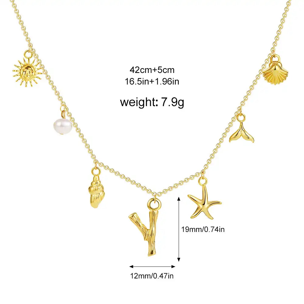 18K Gold PVD Stainless Steel Bohemian Shell Pearl Charm Letter Initial Necklace / KN4002