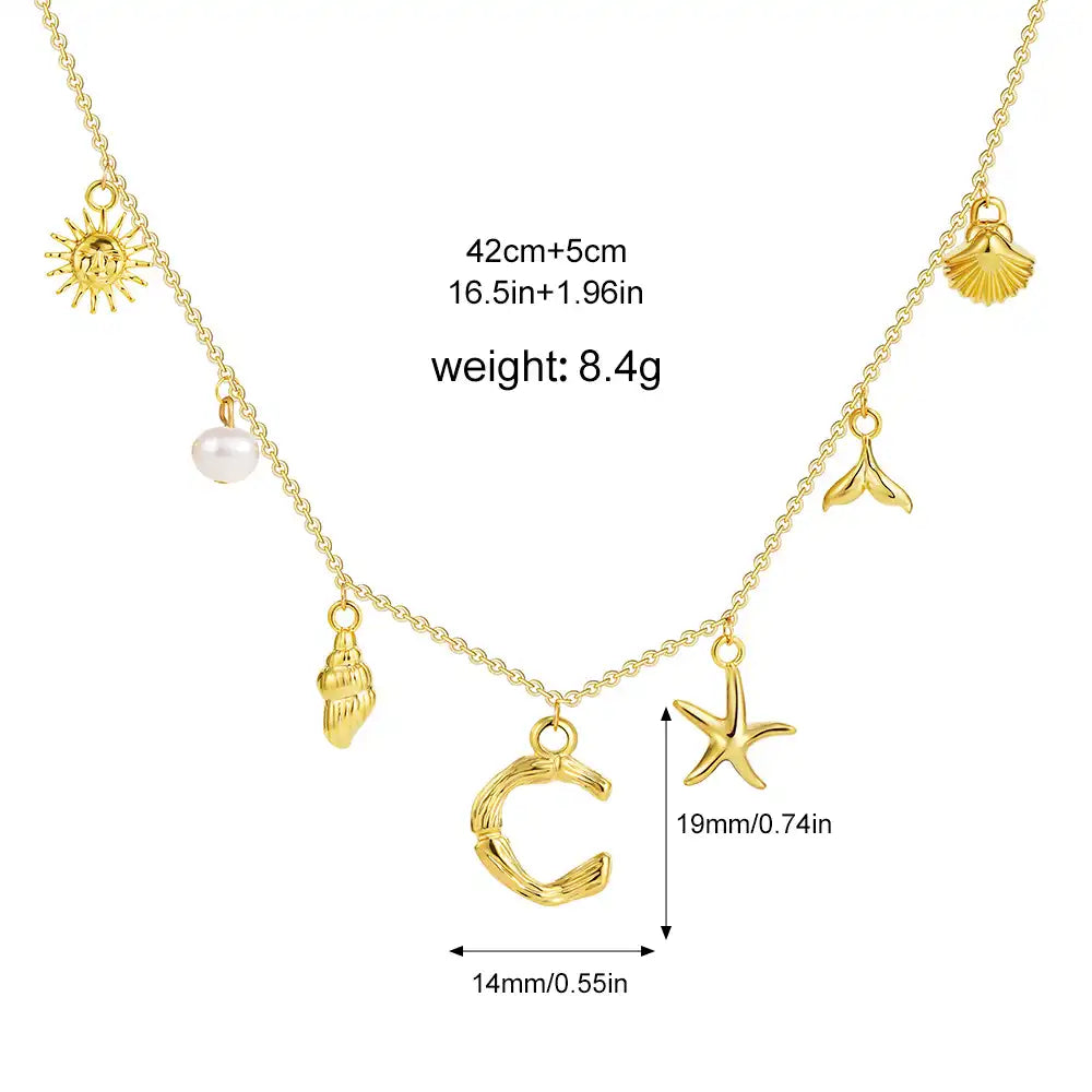 18K Gold PVD Stainless Steel Bohemian Shell Pearl Charm Letter Initial Necklace / KN4002
