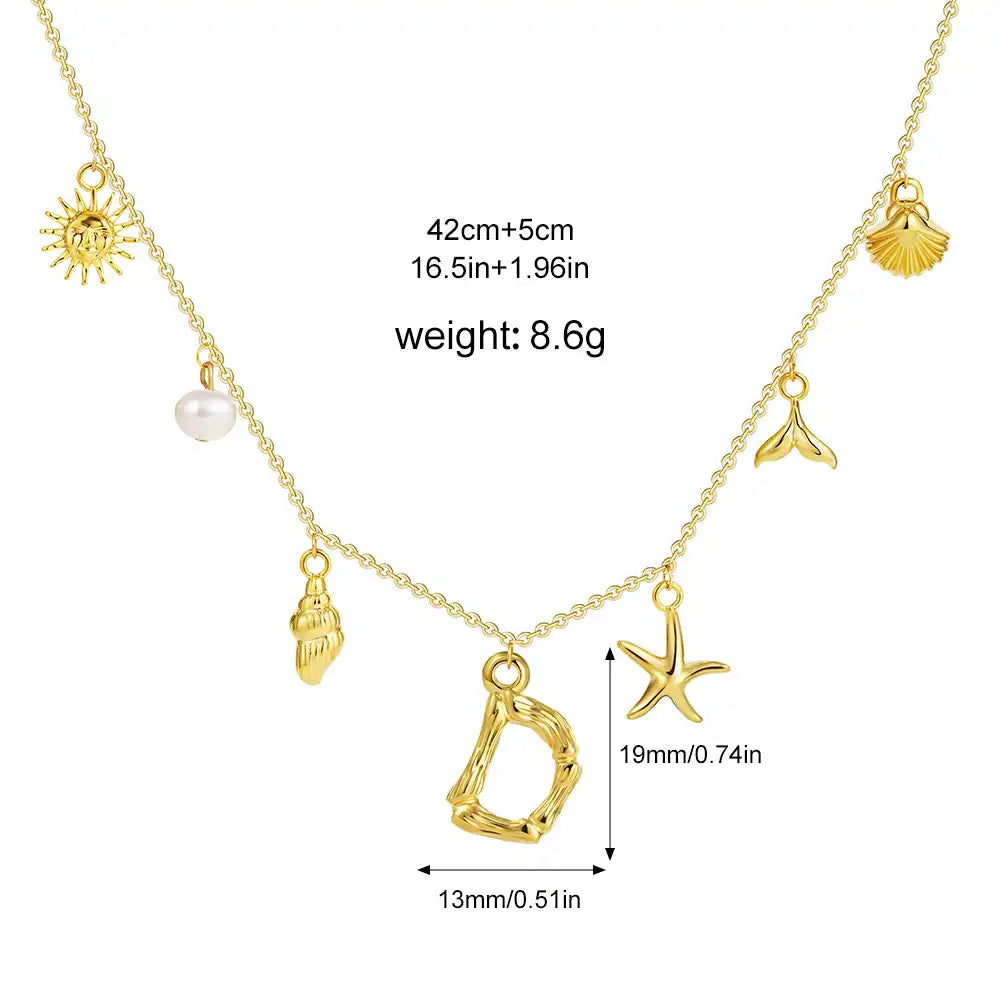 18K Gold PVD Stainless Steel Bohemian Shell Pearl Charm Letter Initial Necklace / KN4002