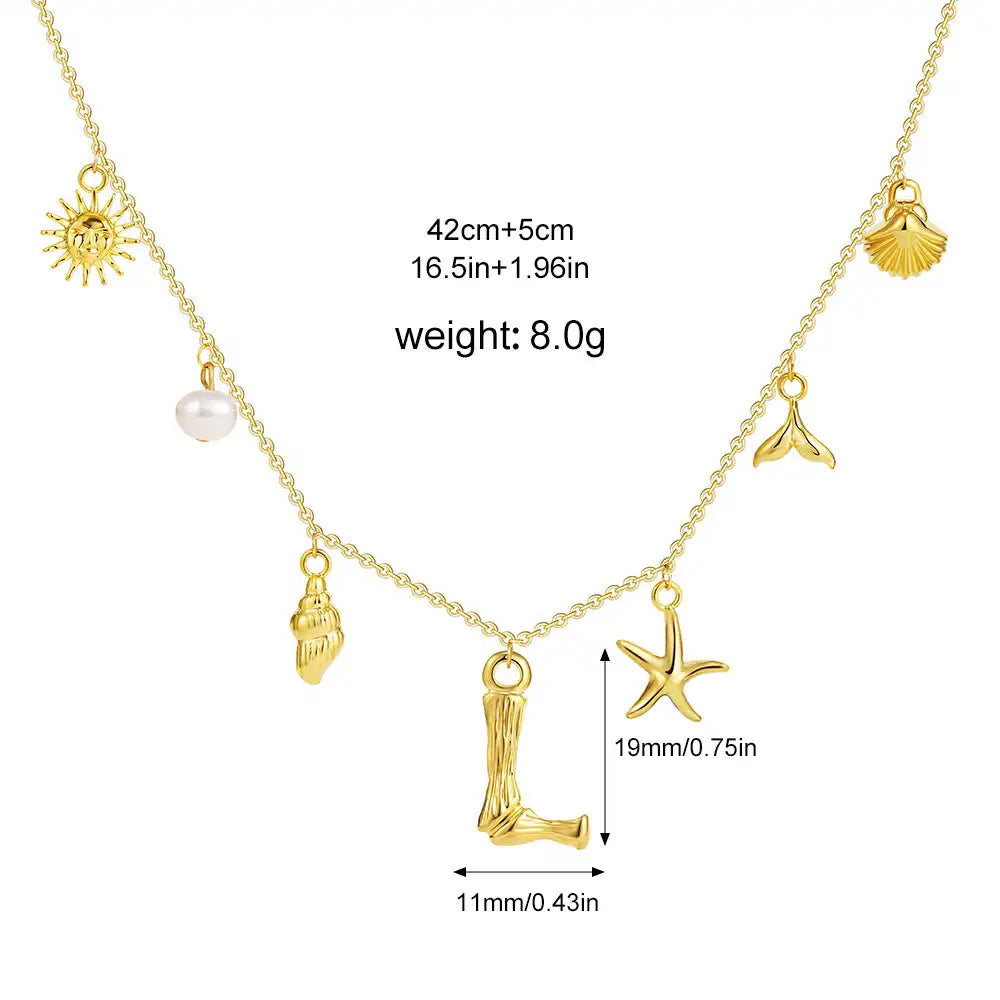 18K Gold PVD Stainless Steel Bohemian Shell Pearl Charm Letter Initial Necklace / KN4002