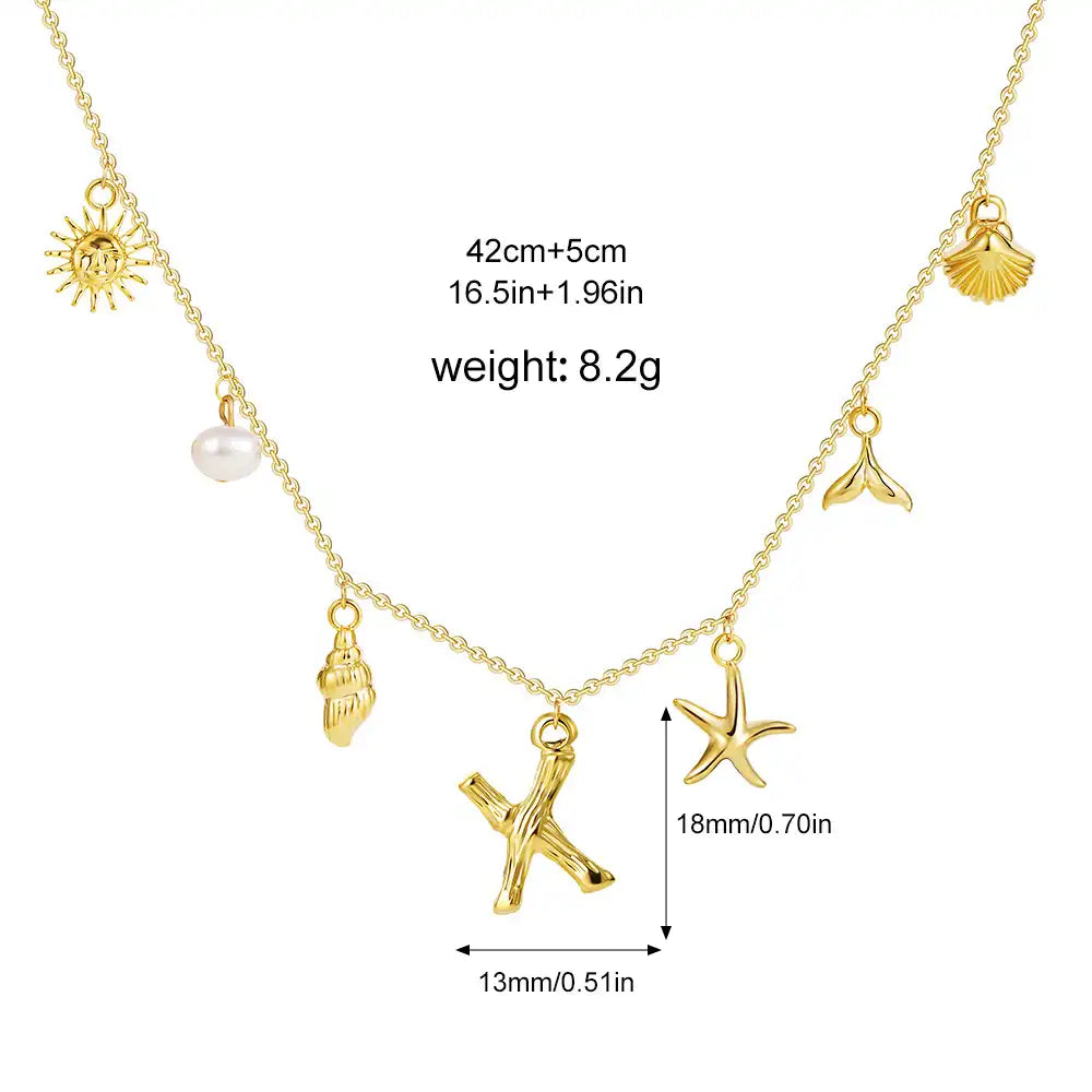 18K Gold PVD Stainless Steel Bohemian Shell Pearl Charm Letter Initial Necklace / KN4002