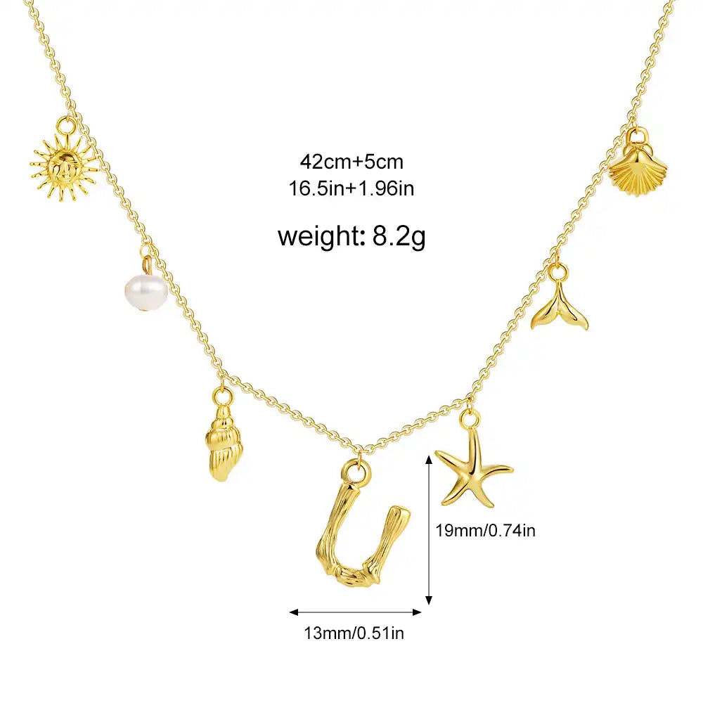 18K Gold PVD Stainless Steel Bohemian Shell Pearl Charm Letter Initial Necklace / KN4002