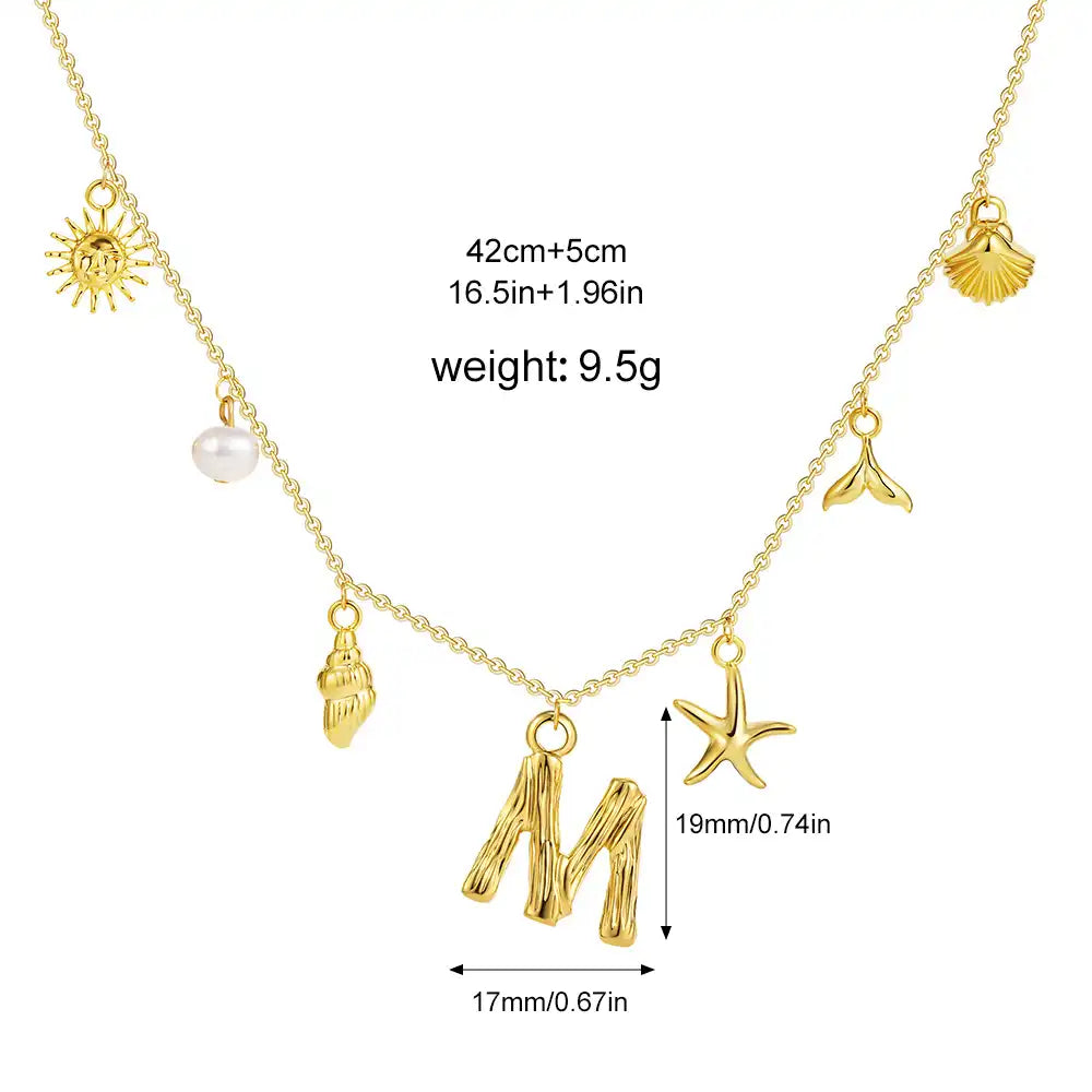 18K Gold PVD Stainless Steel Bohemian Shell Pearl Charm Letter Initial Necklace / KN4002