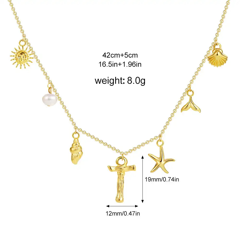 18K Gold PVD Stainless Steel Bohemian Shell Pearl Charm Letter Initial Necklace / KN4002