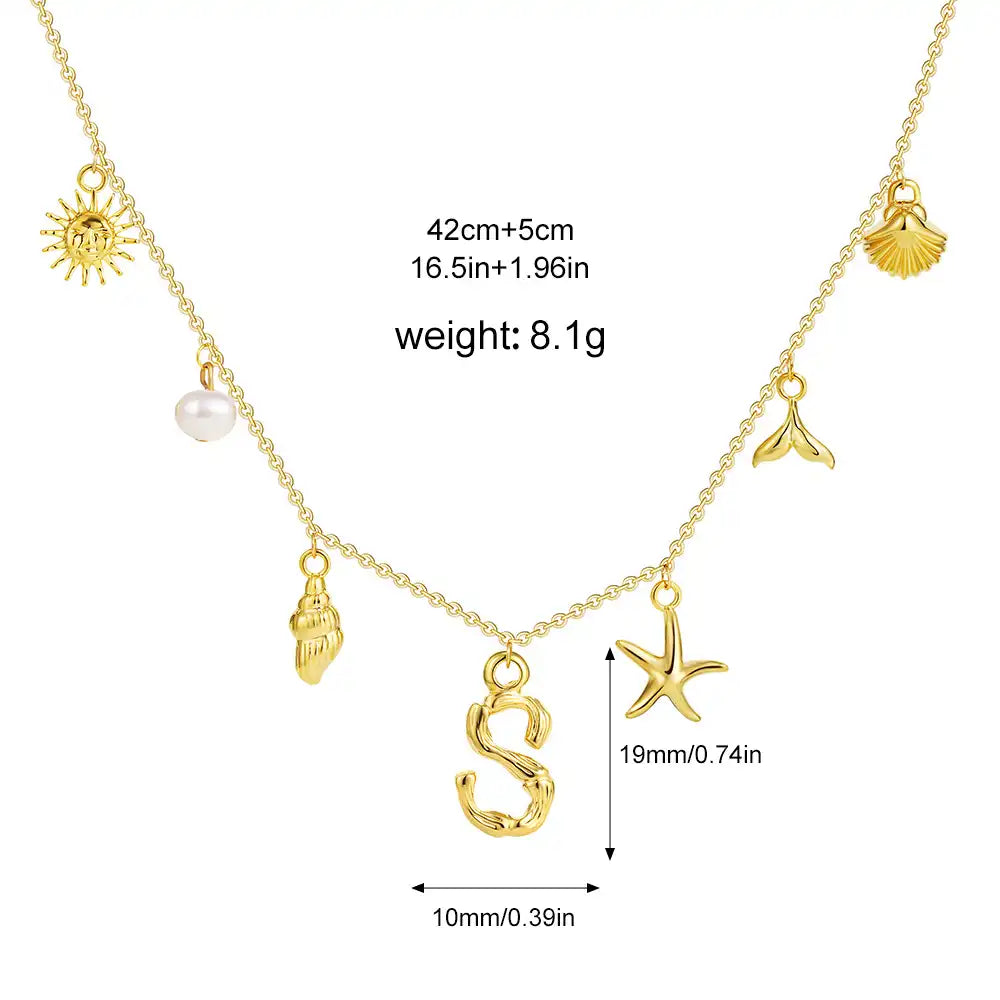 18K Gold PVD Stainless Steel Bohemian Shell Pearl Charm Letter Initial Necklace / KN4002