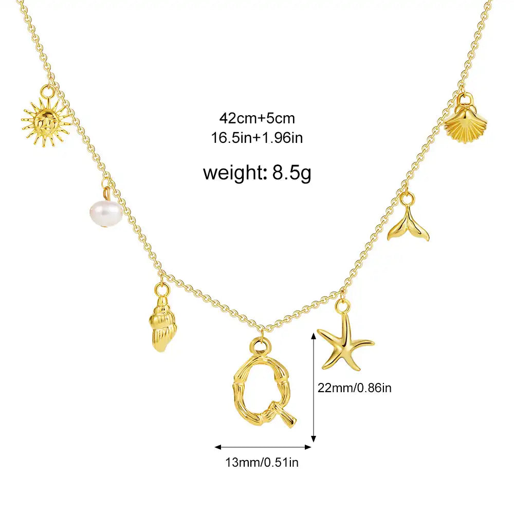 18K Gold PVD Stainless Steel Bohemian Shell Pearl Charm Letter Initial Necklace / KN4002