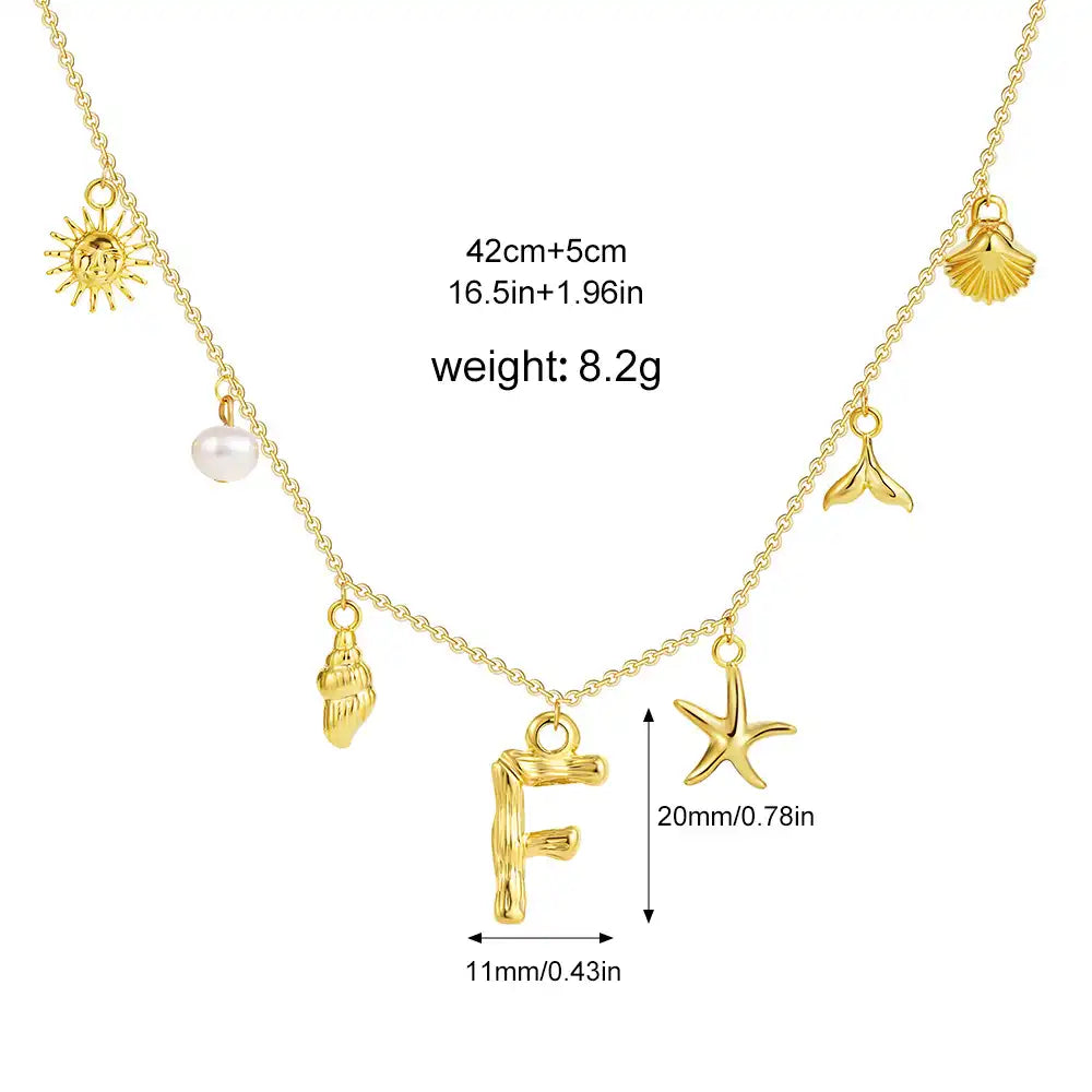 18K Gold PVD Stainless Steel Bohemian Shell Pearl Charm Letter Initial Necklace / KN4002