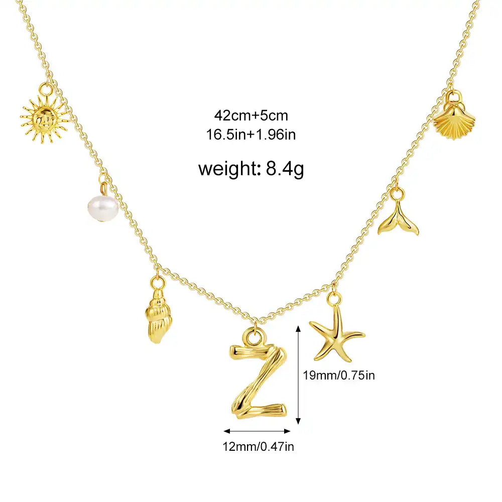 18K Gold PVD Stainless Steel Bohemian Shell Pearl Charm Letter Initial Necklace / KN4002