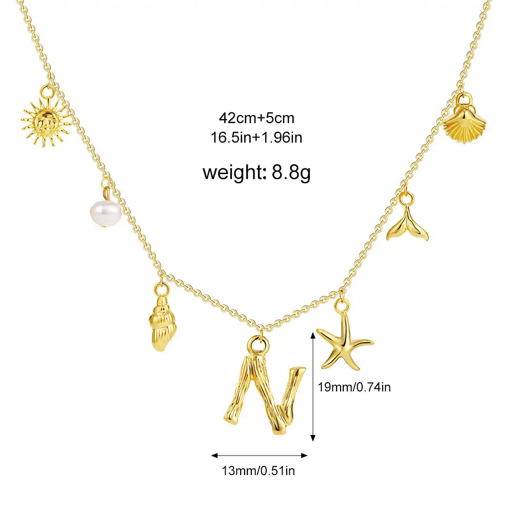 18K Gold PVD Stainless Steel Bohemian Shell Pearl Charm Letter Initial Necklace / KN4002