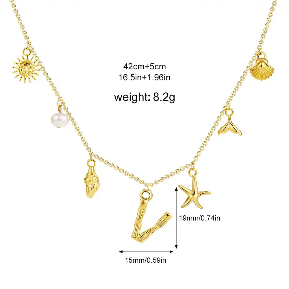18K Gold PVD Stainless Steel Bohemian Shell Pearl Charm Letter Initial Necklace / KN4002