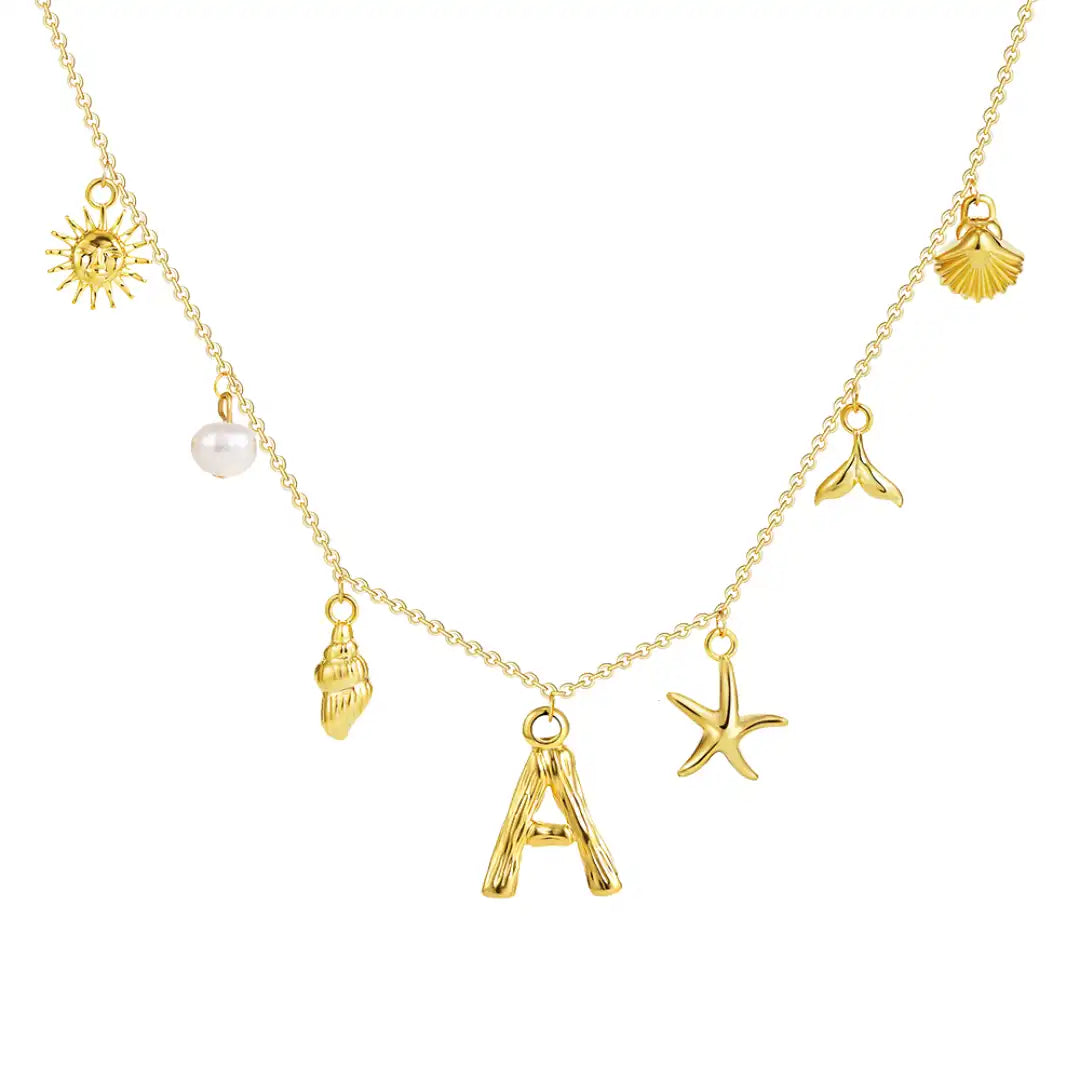 18K Gold PVD Stainless Steel Bohemian Shell Pearl Charm Letter Initial Necklace / KN4002