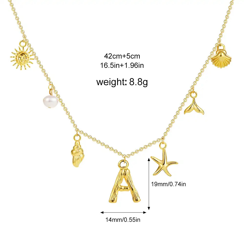 18K Gold PVD Stainless Steel Bohemian Shell Pearl Charm Letter Initial Necklace / KN4002