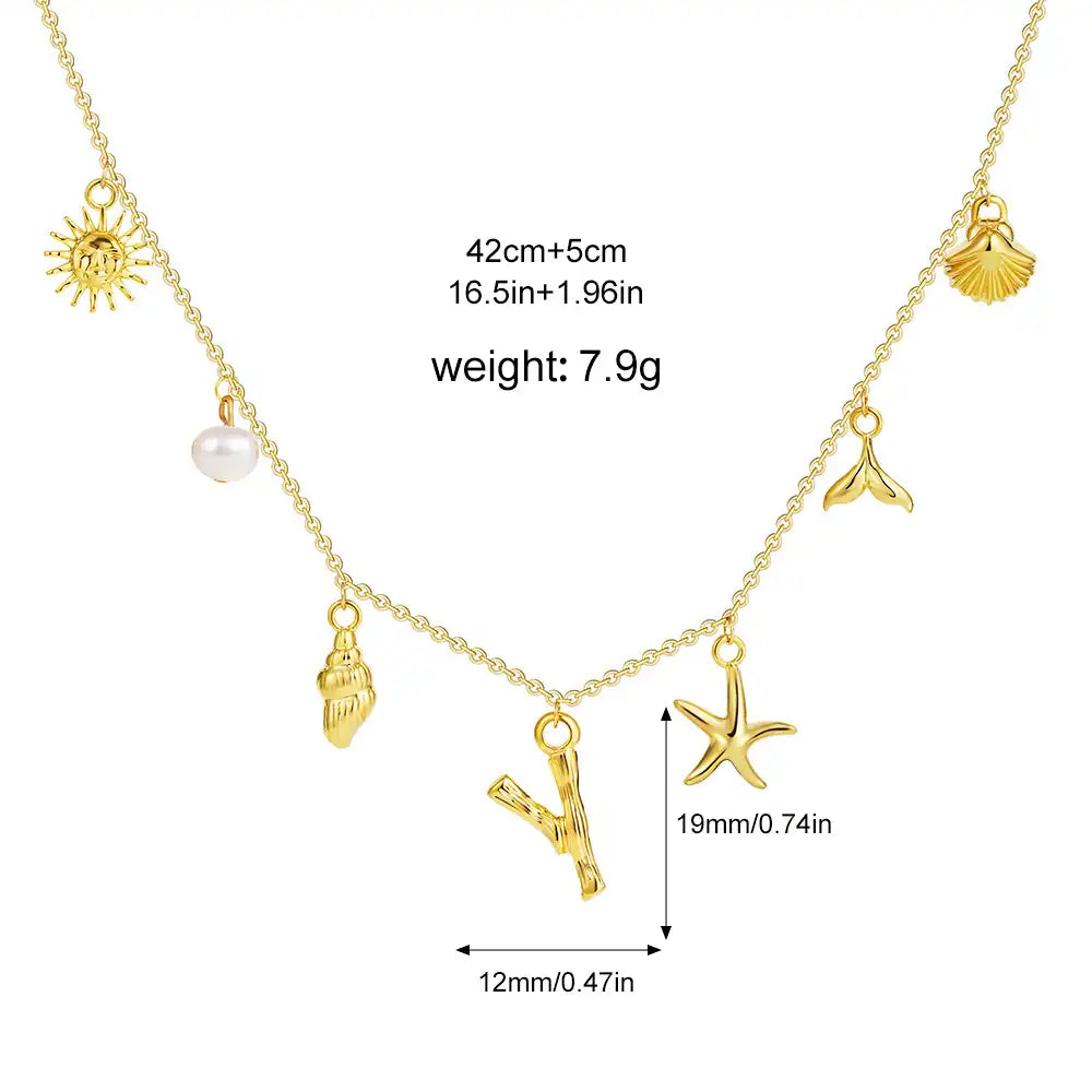 18K Gold PVD Stainless Steel Bohemian Shell Pearl Charm Letter Initial Necklace / KN4002