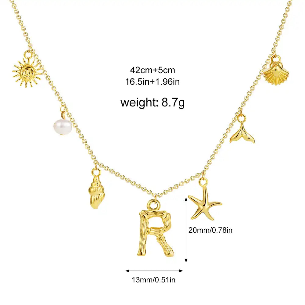 18K Gold PVD Stainless Steel Bohemian Shell Pearl Charm Letter Initial Necklace / KN4002